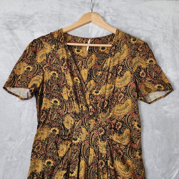 Free People Dress Womens 6 Small Olivia Midi Paisley Print Smocked Pleated Gold - Picture 2 of 11